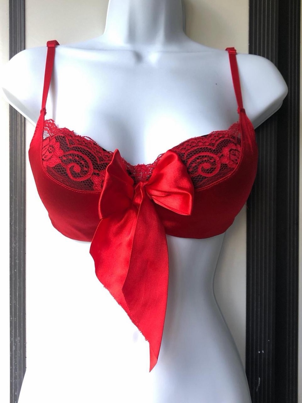 Red Lace Satin Bow push up lace trim Bra